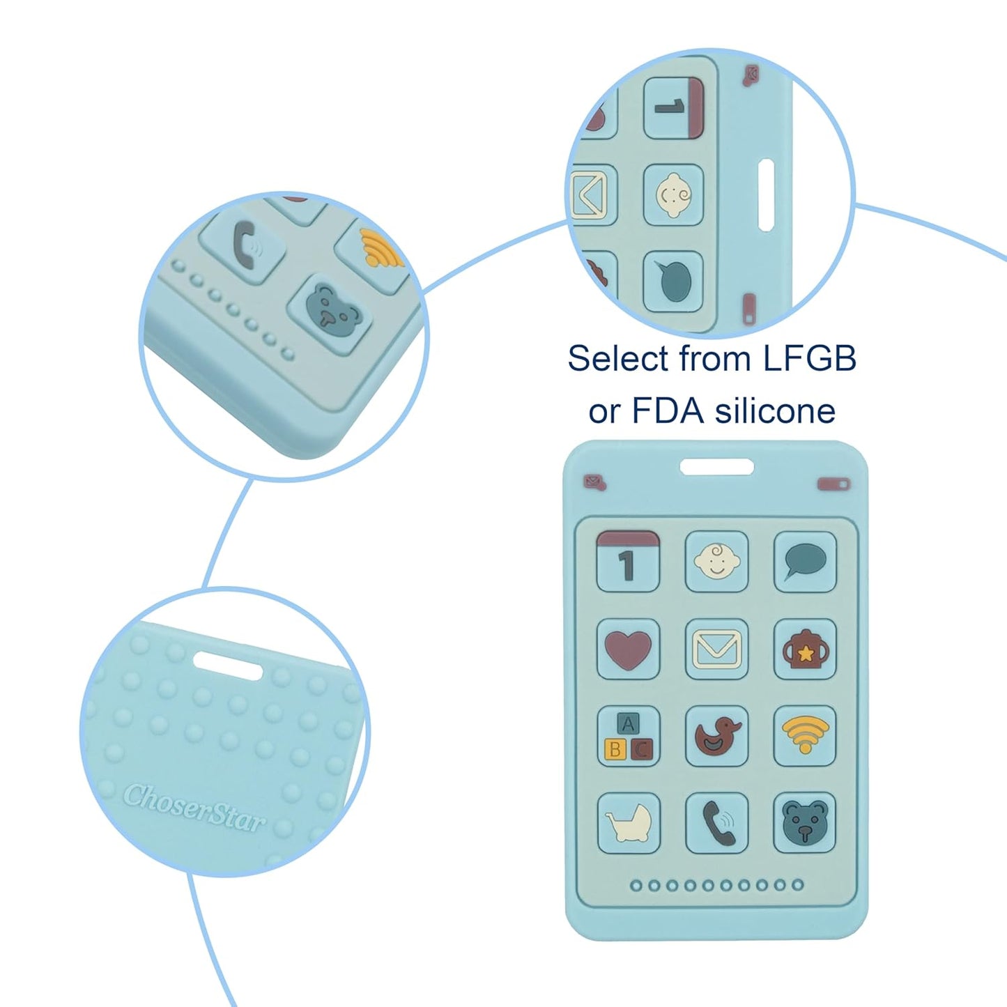 Soft Silicone Phone Shape Teether Boys Girls Baby Molar Teether Chew Toys, Teething Toy (Blue)