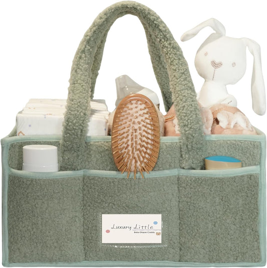luxury little Diaper Caddy Organizer, Large Cotton Rope Nursery Baby Basket, Changing Table Organizer for Baby Diaper Storage, Portable Car Organizer with Removable Divider (Lily Green)
