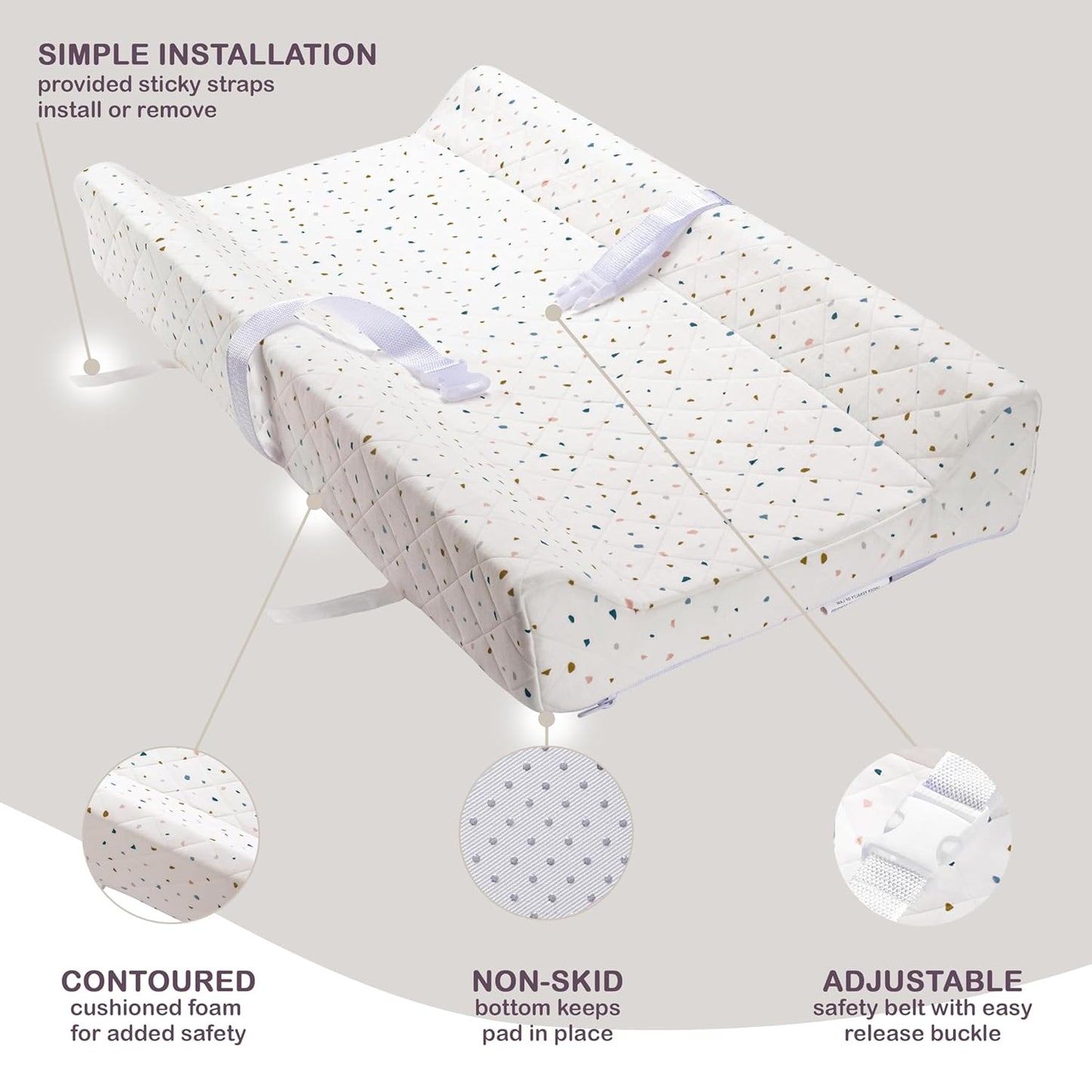 Organic Cotton Contoured Baby Changing Pad w/Waterproof Foam Mattress, Includes Soft, Removable & Washable Cover, Safety Strap, Non-Slip Bottom, Topper for Standard Size Infant Diaper Table & Dresser