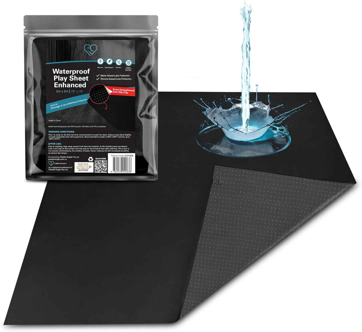 Black Waterproof Flat Play Sheet (79”x79”), Anti-Slip Mattress Topper with Strengthened Grip, Protector Cover, Safe with Oil, Water, & Silicone-Based Massage Products, Hypoallergenic, Machine Washable