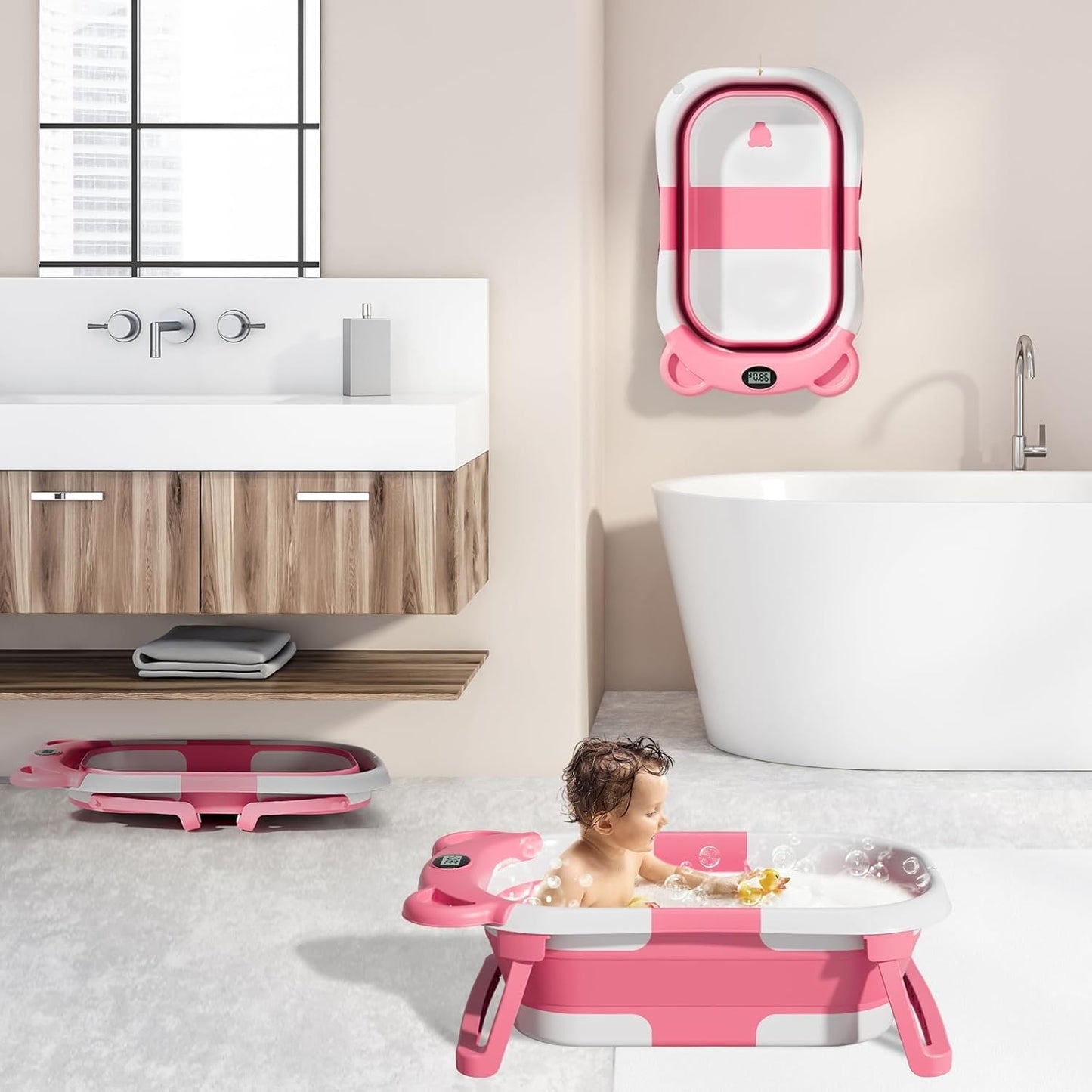 TPN Collapsible Baby Bathtub, Baby Bath Tub with Soft Cushion & Real-Time Thermometer, Baby Bathtub