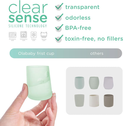 Olababy First Cup | Clear Sense 100% Silicone Infant Trainer Cup | 2oz Medicine Cup for Newborn | Non-Slip & Sloping Design for Tiny Hands & Baby Led Weaning (Lemon/Kiwi, 2 Cups)