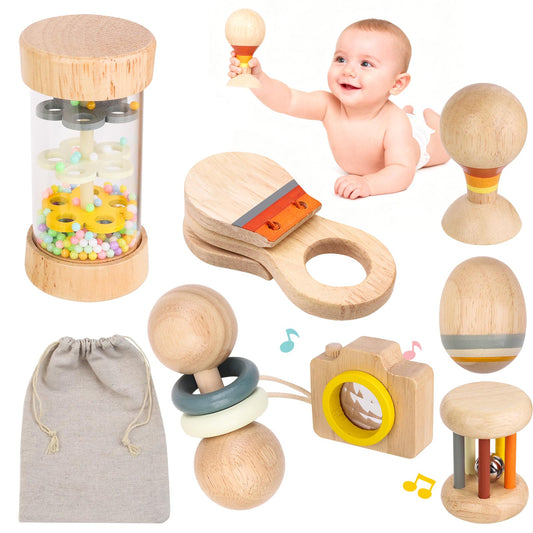 Montessori Wooden Baby Toys 0-12 Months, 7-Piece Sensory Rattle & Music Set