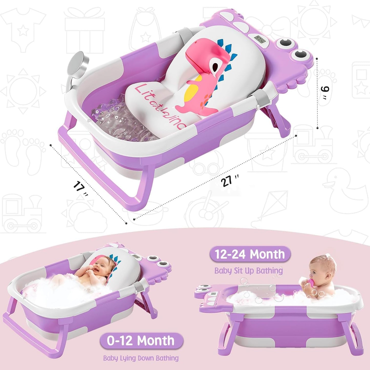 TPN Collapsible Baby Bathtub, Baby Bath Tub with Soft Cushion & Real-Time Thermometer, Baby Bathtub