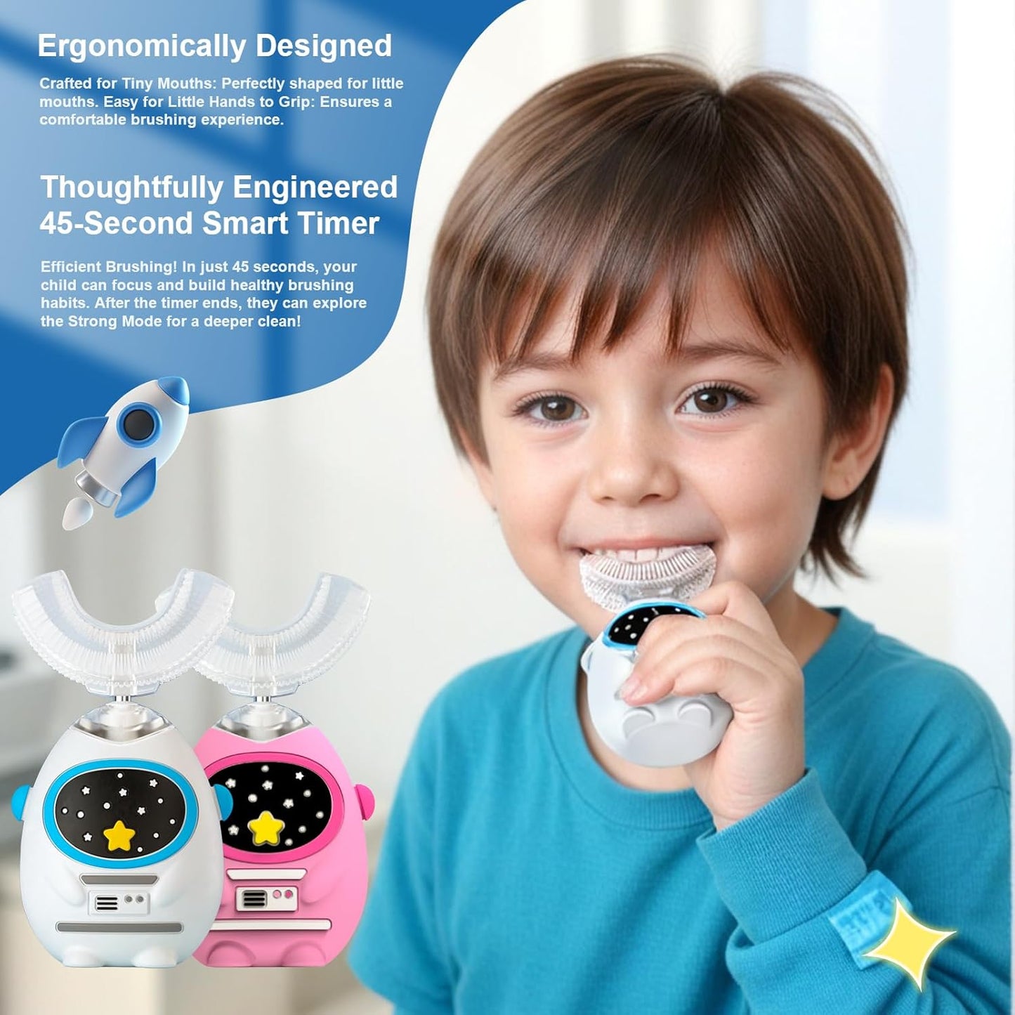 Kids U Shaped Electric Toothbrush with Music, 3 Modes, Voice Teaching, Mouthpiece Cleaning, Soft
