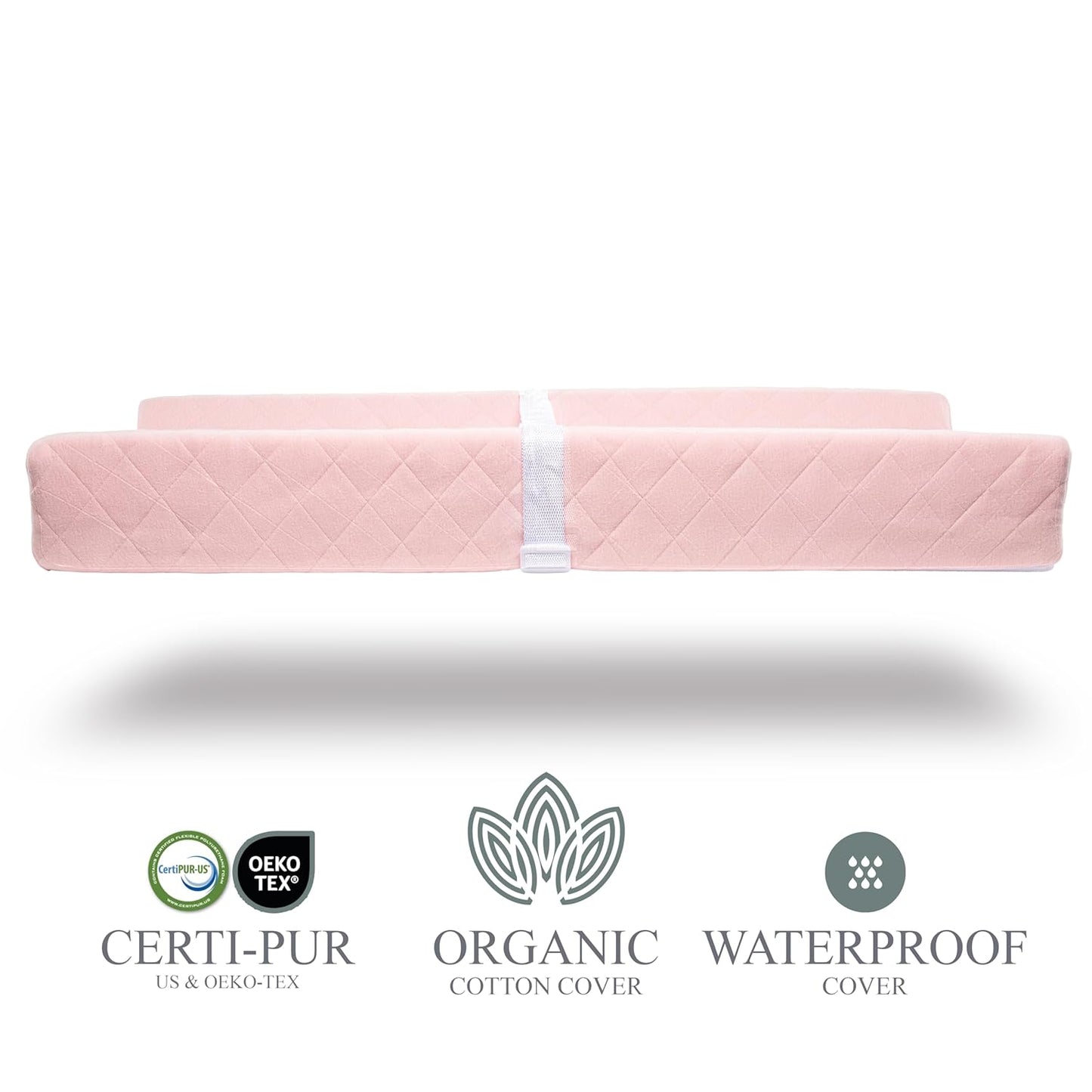 Organic Cotton Contoured Baby Changing Pad w/Waterproof Foam Mattress, Includes Soft, Removable & Washable Cover, Safety Strap, Non-Slip Bottom, Topper for Standard Size Infant Diaper Table & Dresser