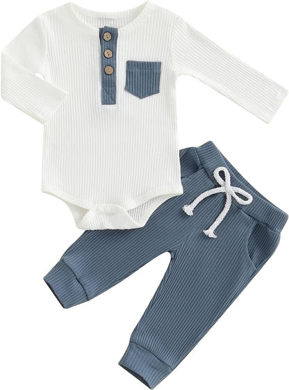 fhutpw Baby Boy Clothes 3 6 12 18 Months Ribbed Knitted Long Sleeve Romper and Pants Sets Newborn Fall Splicing Color Outfits
