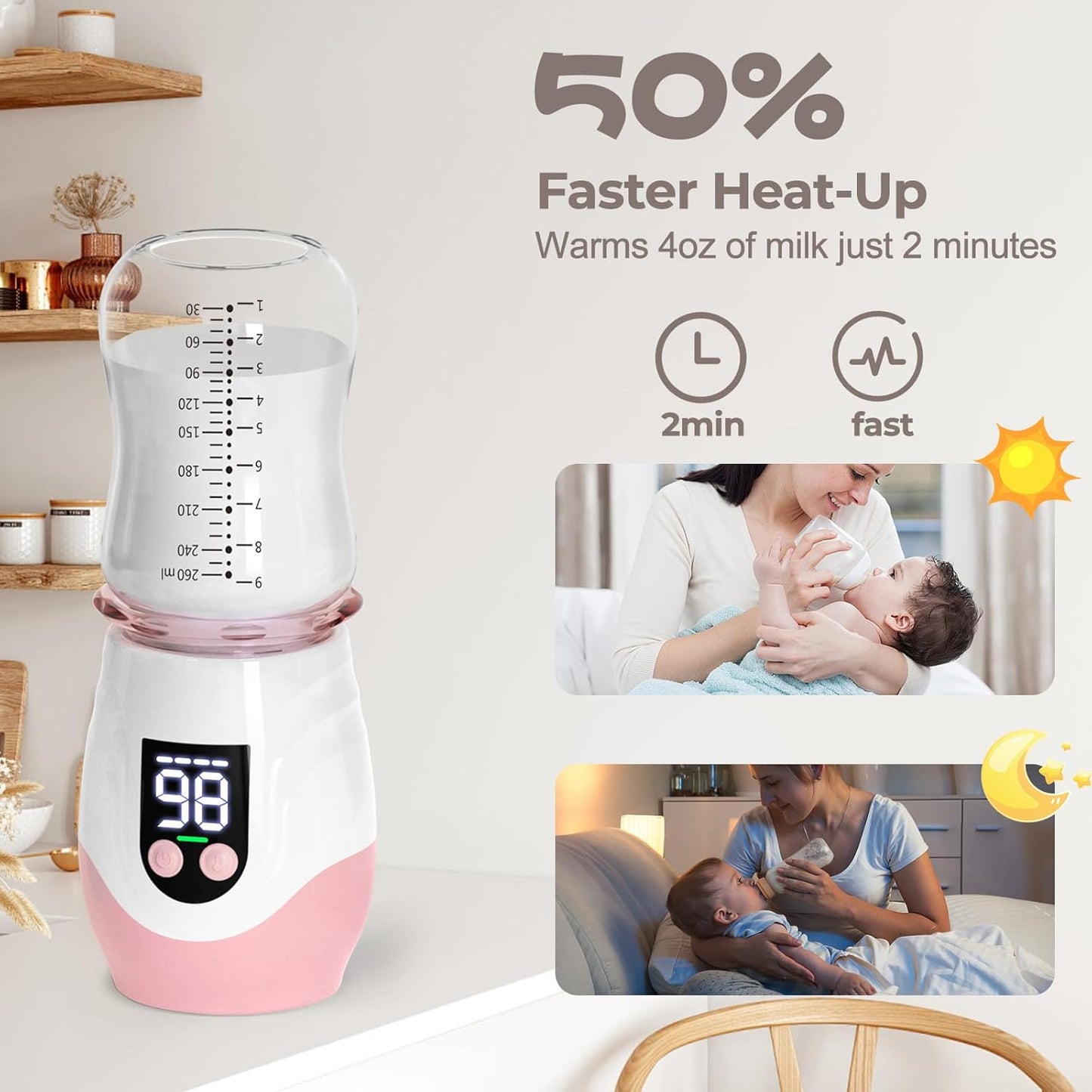 Portable Cordless Baby Bottle Warmer for Travel, Rechargeable with 8 Adapters & 1 Milk Powder
