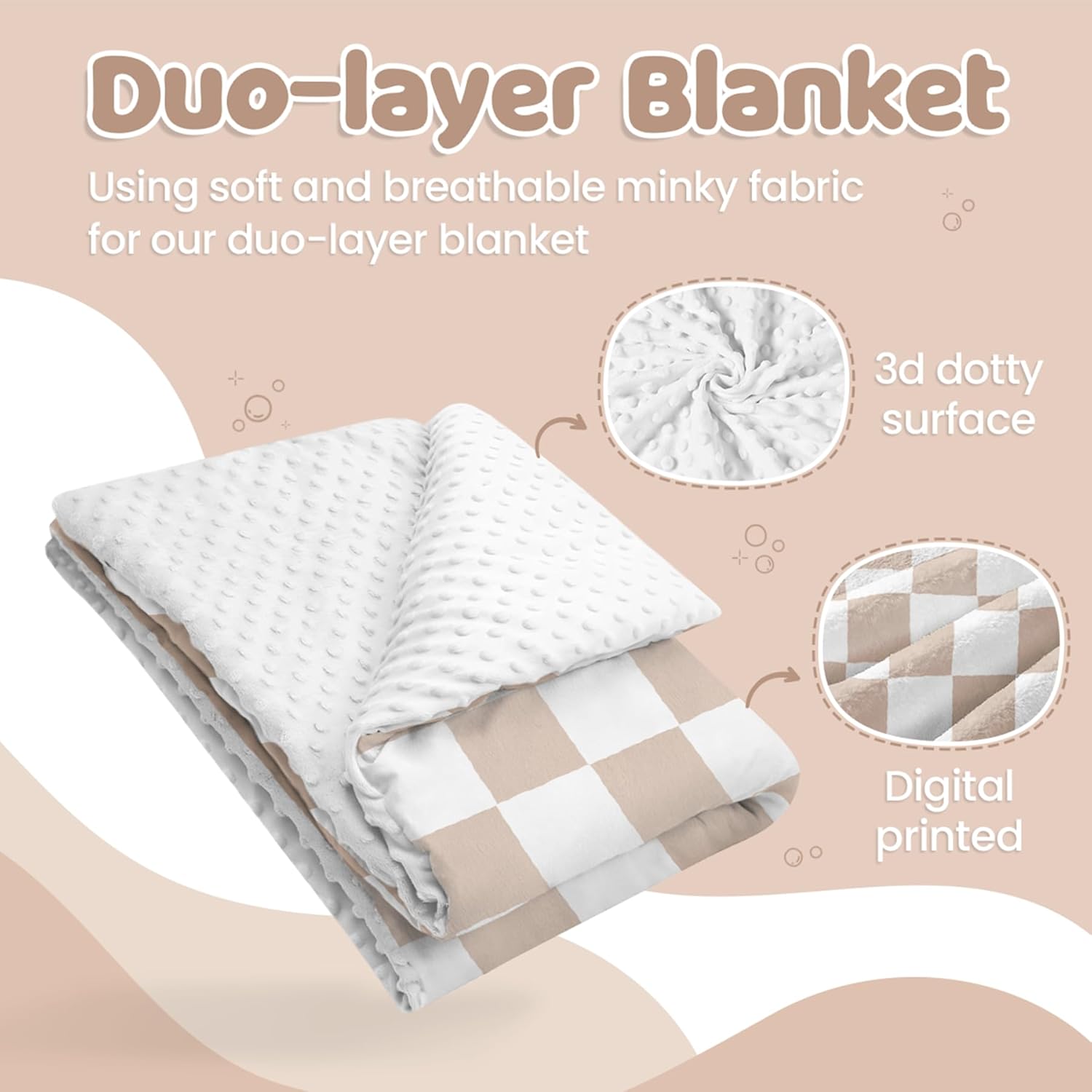 Checkered Minky Baby Blanket 30 x 40 Inches for Boys Girls, Soft Plush Receiving Blanket with