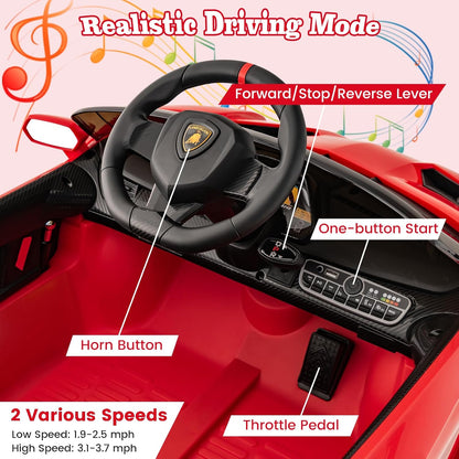 Costzon Ride on Car, Lamborghini Licensed 12V Battery Powered 4WD Sports Car with Remote Control, 3 Speeds, Hydraulic Doors, LED Lights, Towing Wheel, Horn, Music, Electric Vehicle for Kids Aged 3-8