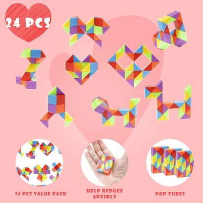Ganowo 24 Packs Valentine's Day Cards with Rainbow Snake Cube Twist Toys for Kids, Valentines Students Gifts Fidget Toys with Cards for Valentine School Classroom Exchange Party Favor
