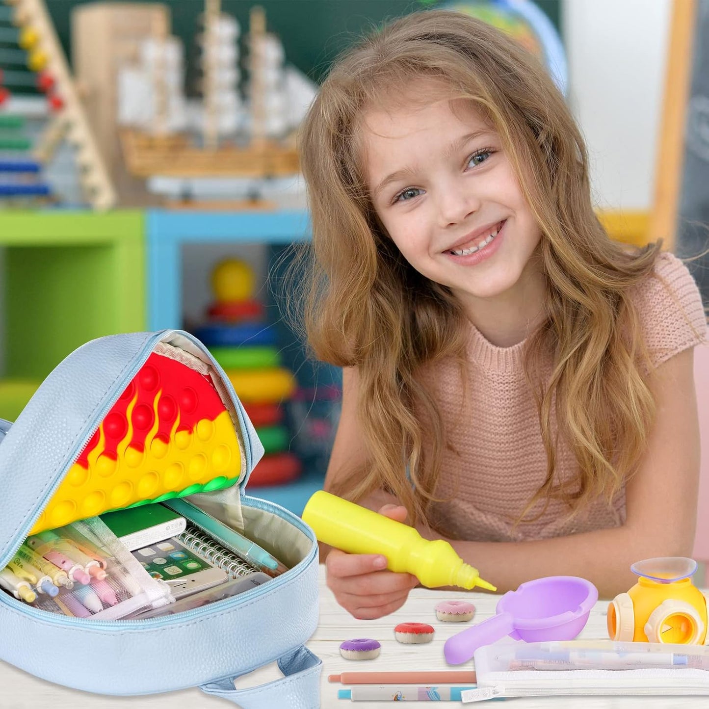 SCIONE Pop Backpack Fidget Toy for Girls, Easter Gifts for Kids School Bookbag, Large Capacity Push Bubble Backpack Fidget Toys Easter Fidgets Gifts for Girls