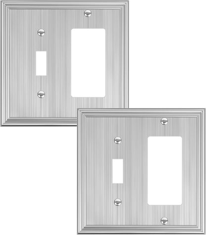 2-Pack Combo Toggle/Decorator Light Switch Cover Plate, Brushed Nickel Decorative Electrical Outlet Covers, Durable Solid Zinc Alloy Wall Switch Plates and Outlet Covers
