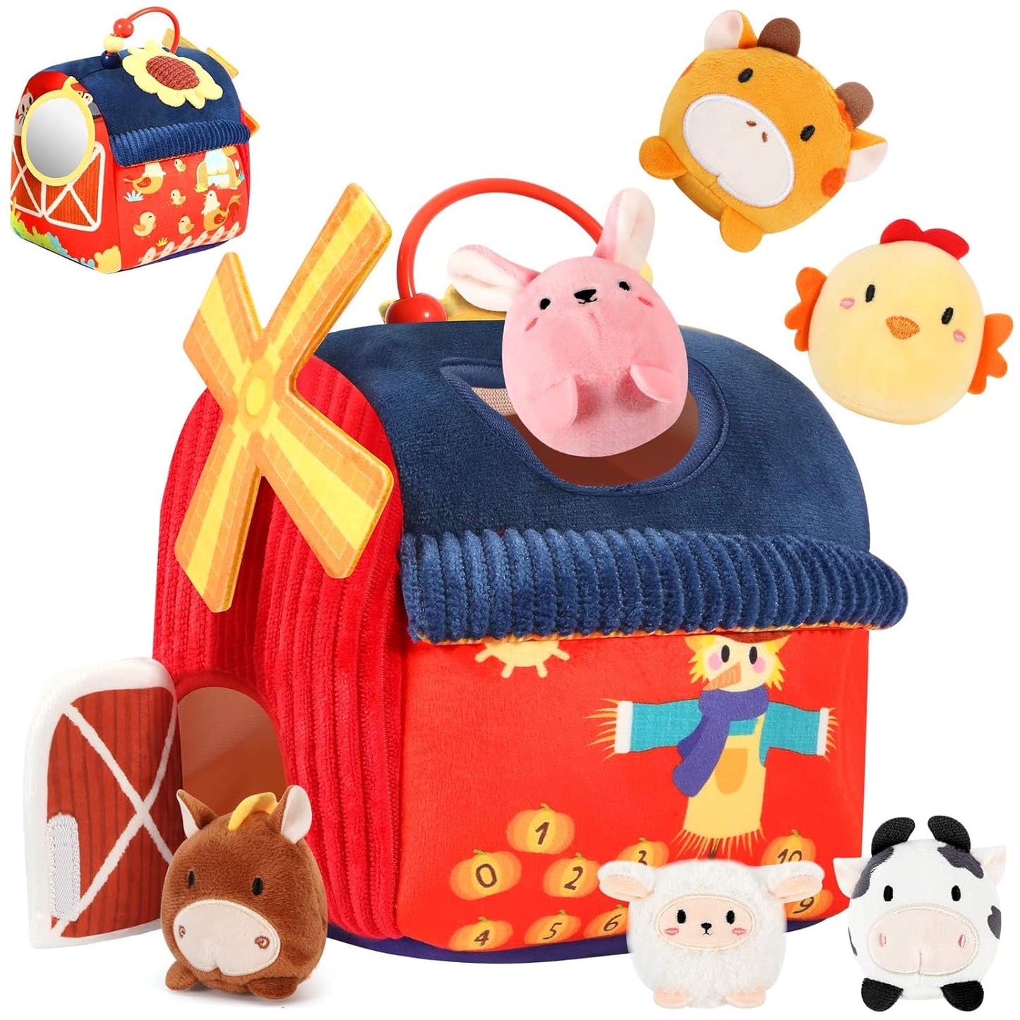 Baby Toys 6-12 Months - Soft Barn Toy with Stuffed Farm Animals, Rattle, Crinkle Paper, Squeaker, Mirror - Sensory Toys for 6+ Month Developmental, Montessori Toys for 1 Year Old Boy Girl Gift