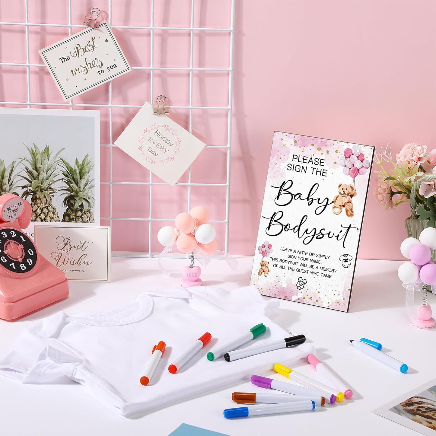 Qunclay 12 Pcs Baby Bodysuit Baby Shower Game Include 1 Game Wooden Sign Tabletop Decor 1 White Blank Newborn Bodysuit 10 Fabric Marker for Gender Reveal Party(Pink Bear)