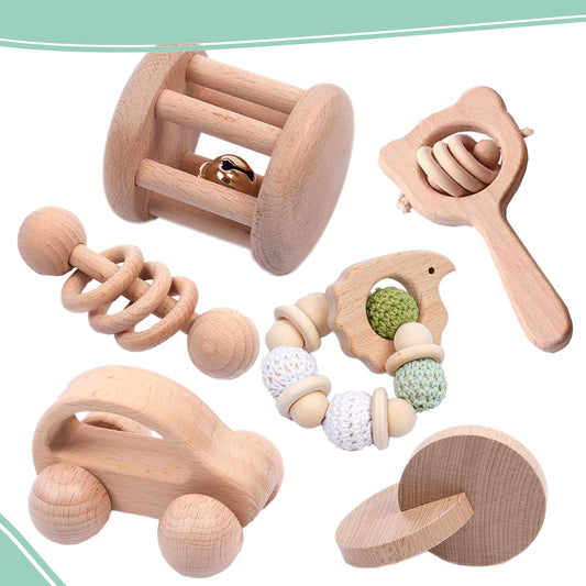 6 Pieces Toy Set- Wooden Baby Toys for Babies 0-6 Months,Wooden Toys for Babies Rattles with
