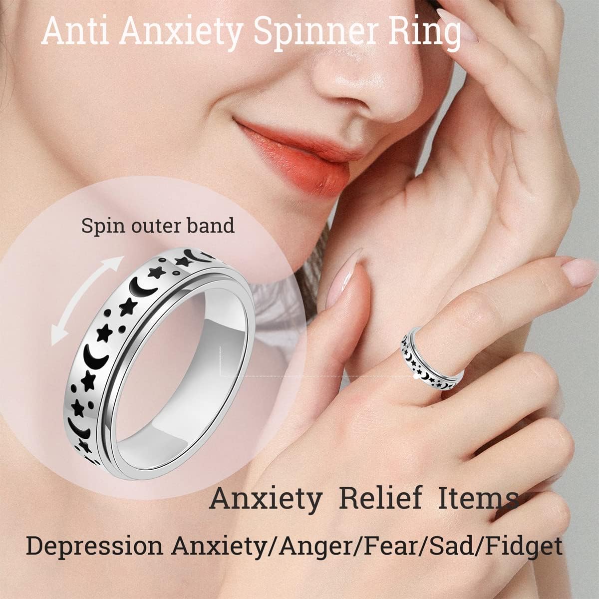 OreilleStar Anxiety Ring for Women Fidget Spinner Rings Stainless Steel Silver Color Size 6 (Silver_Moon Star, 6)
