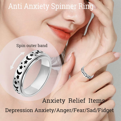 OreilleStar Anxiety Ring for Women Fidget Spinner Rings Stainless Steel Silver Color Size 6 (Silver_Moon Star, 6)