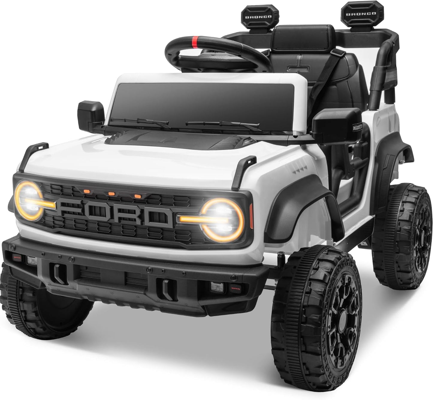 ENYOPRO Licensed Ford Bronco Raptor Electric Car for Kids, 12V Ride On Toys for Toddlers, Christmas Birthday Gifts Ride On Car for Kids Age 3-6 w/Remote Control, Bluetooth, LED Lights, 2 Speed (White)