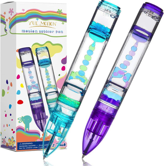 YUE MOTION Liquid Motion Bubbler Pens - Sensory Toy Pens for Classroom-Fidget Pens for Kids and Adults-Colorful Timer Pens for Stress and Anxiety Relief-2 Pack