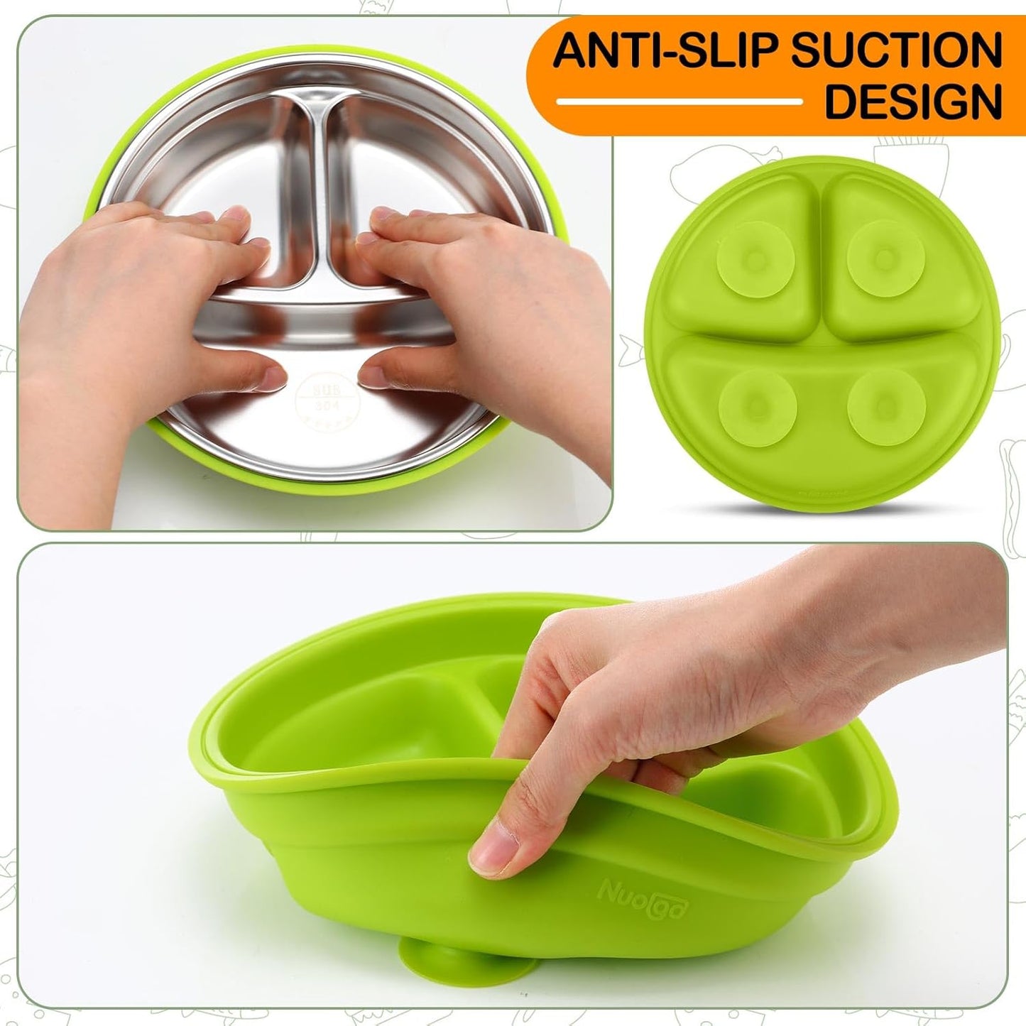 Nuogo 2 Pcs Stainless Steel Baby Suction Plates with Removable Silicone Shell 2-in-1 Metal Toddler Bowl Divided for Picky Eaters Kids Feeding Led Weaning Supplies, Dishwasher Safe (Purple,Green)