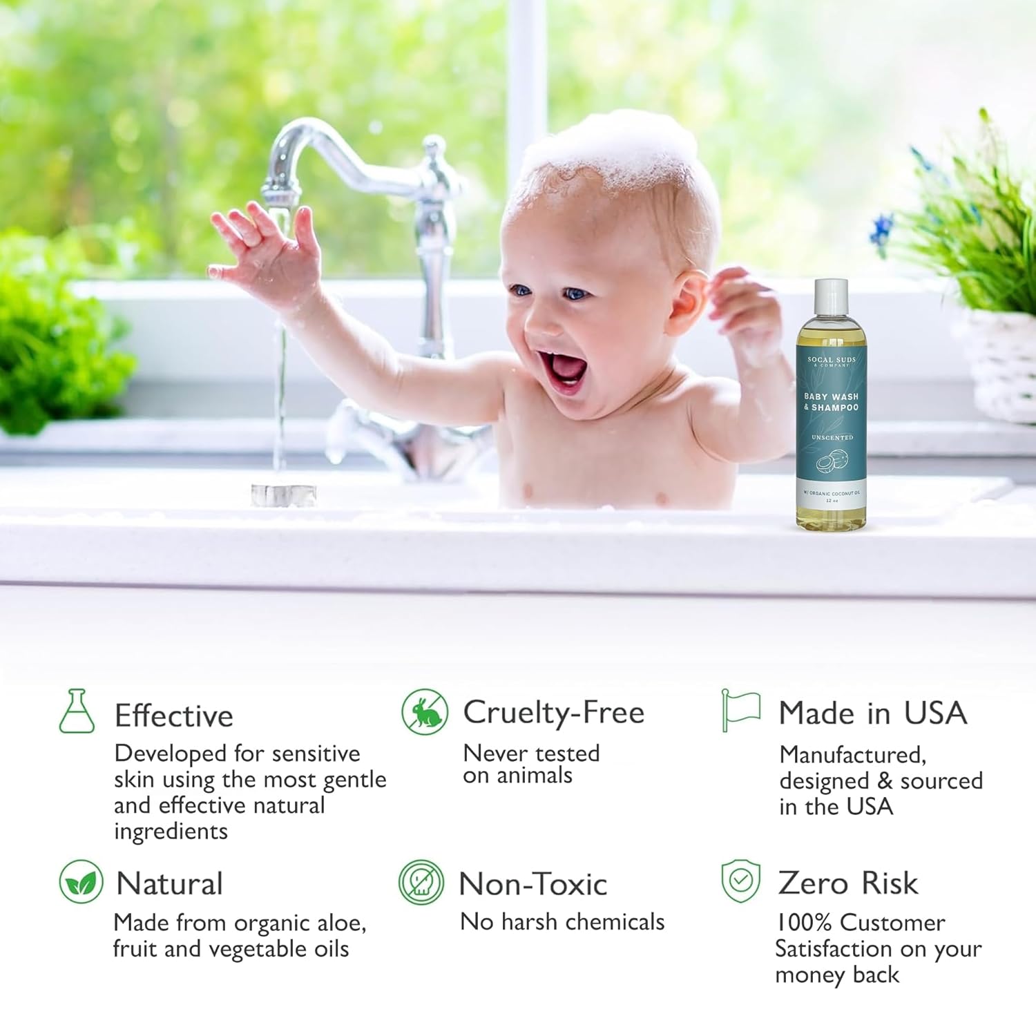 SoCal Suds & Company Baby Shampoo & Body Wash, 2-in-1 Organic Gel - Gentle Castile Soap with
