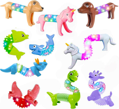 10 Pack Pop Tubes,Dog pop Tubes, Animal pop Tubes Fidget Toys,Sensory Tubes Fidget Toys for Kids ,Toddler Sensory Toys,Fidget Tubes Party Favors,School Reward,Gift for Kids(LED Style)