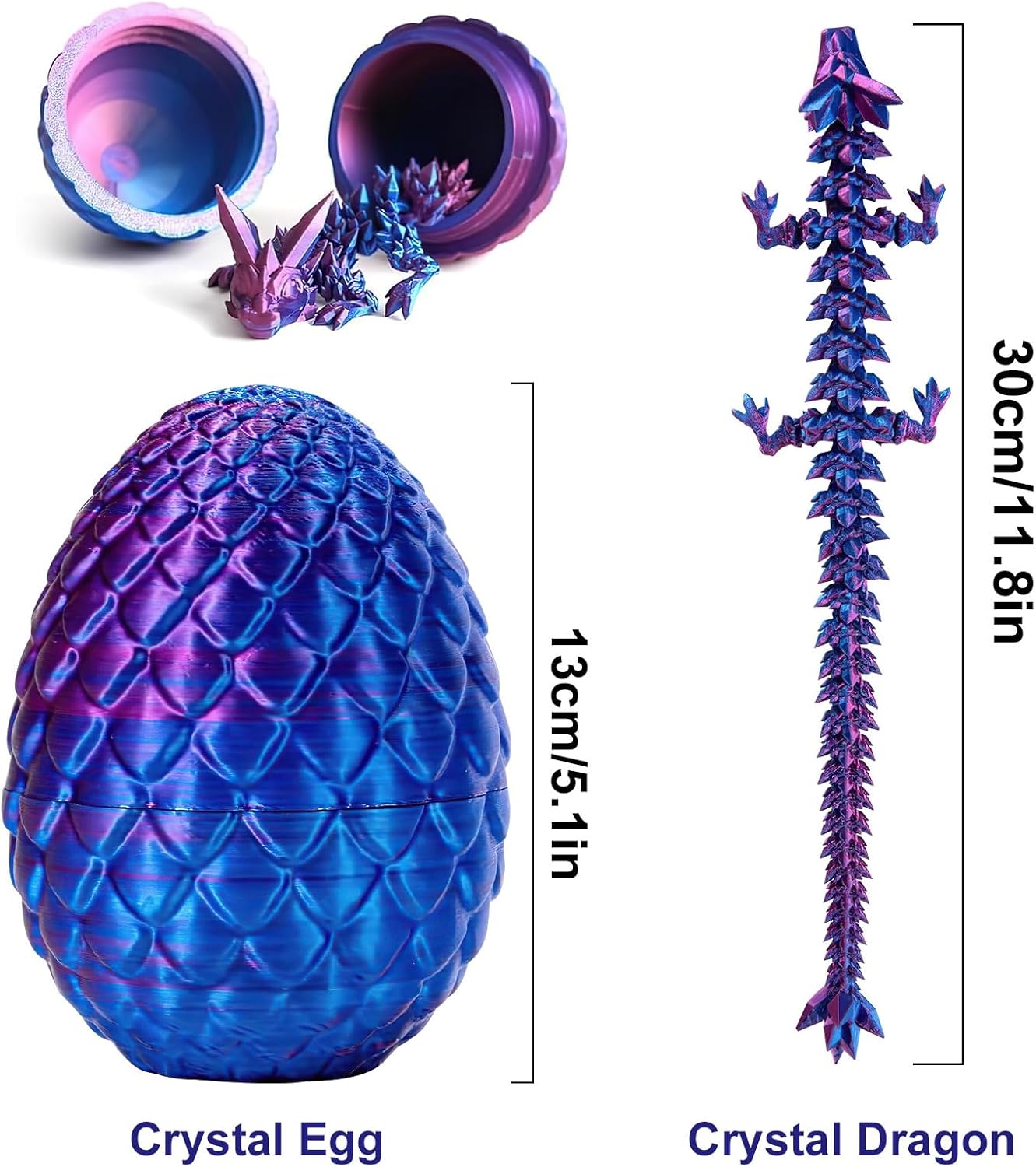 Easter Eggs 3D Printed Dragon in Egg, Full Articulated Dragon Crystal Dragon with Dragon Egg, Flexible Crystal Dragon Fidget Toys for Adults Easter Basket Stuffers Kids Party Favors (12",Laser Purple)