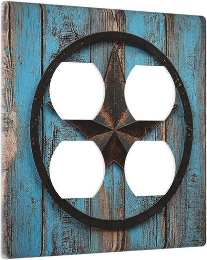 Outlet Covers Rustic Wood Country Barn Texas Star On Teal 2 Gang Double Duplex Decorative Light Switch Covers Electrical Wallplates Socket Faceplate For Farmhouse Cabin Decor