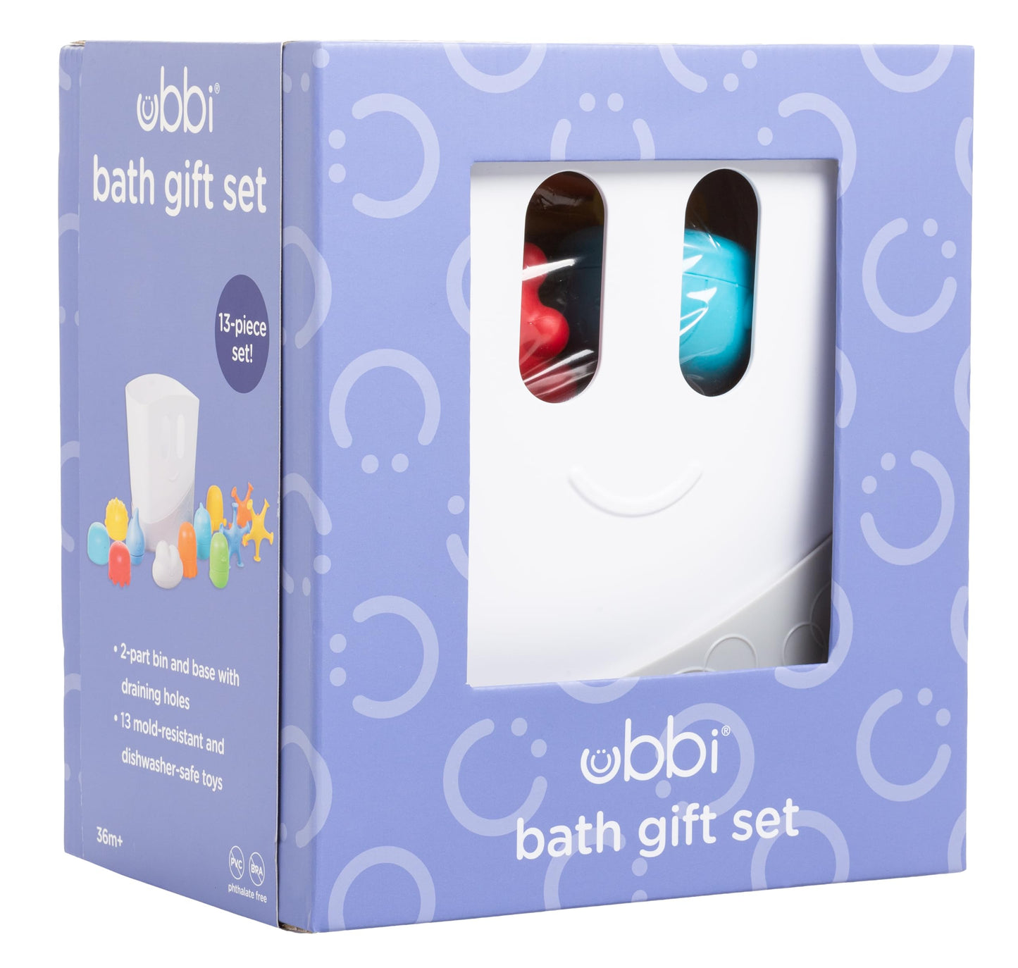 Ubbi Baby Bath Time Essential Gift Set, Includes Drying Bin and 11 Bath Toys, Dishwasher Safe, White