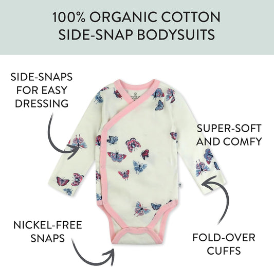 HonestBaby unisex-baby 3-pack Long Sleeve Side-snap Kimono Bodysuits Organic Cotton for Infant Baby Boys, Girls, Unisex