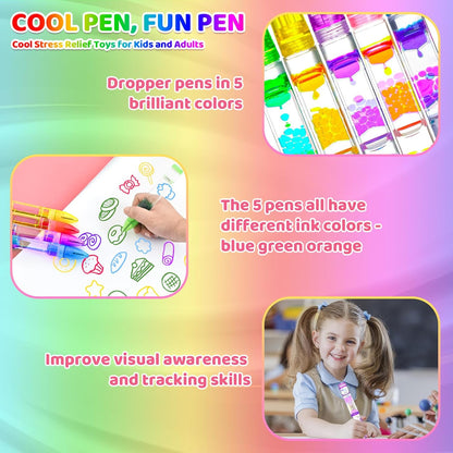 5PCS Liquid Pens Easter Basket Stuffers for Kids, Liquid Motion Bubble Fun Cool Pens Autism ADHD Anxiety Stress Relief Tools Quiet Fidget Sensory Autistic Toys Desk Toys Gift for Boys Girls