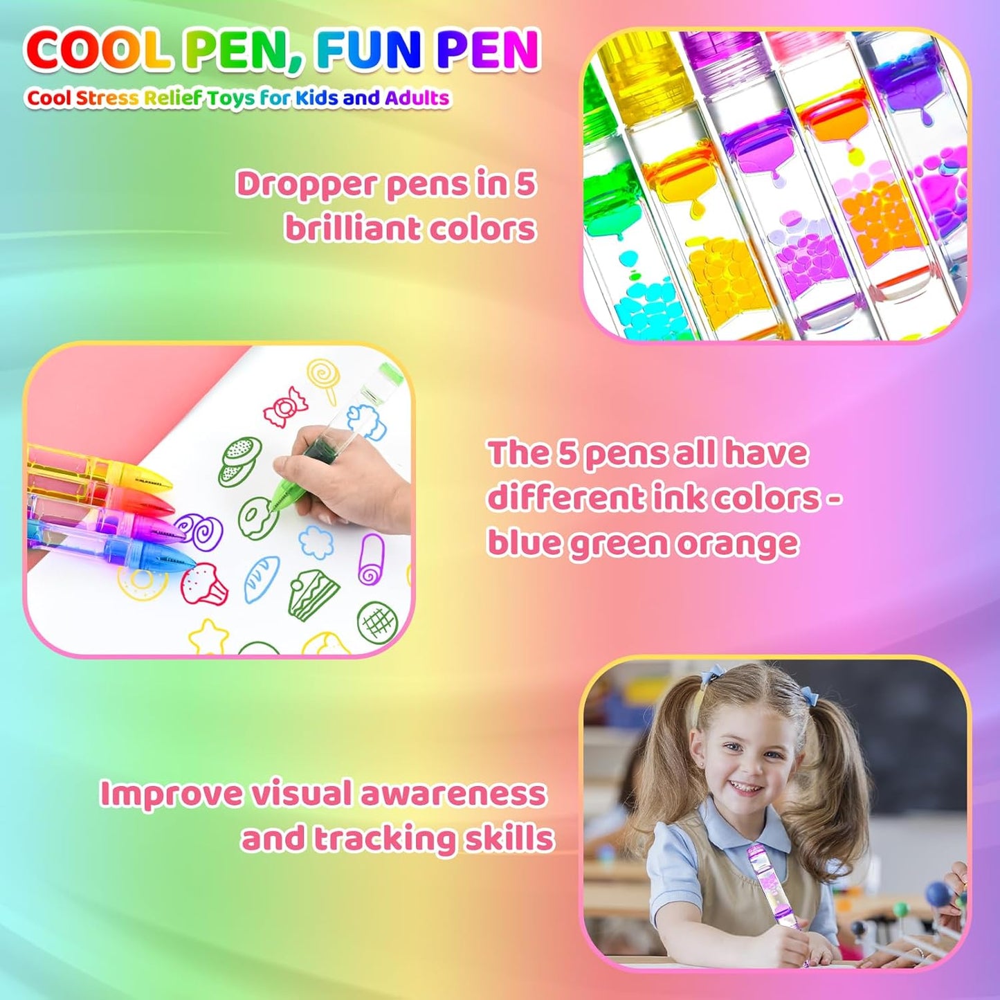 3PCS Liquid Pens Easter Basket Stuffers for Kids, Liquid Motion Bubble Fun Cool Pens Autism ADHD Anxiety Stress Relief Tools Quiet Fidget Sensory Autistic Toys Desk Toys Gift for Boys Girls