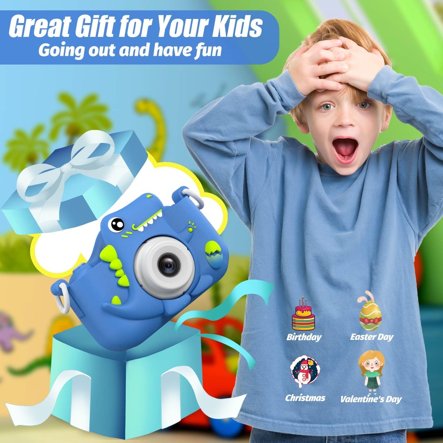 Upgrade Dinosaur Kids Camera, Christmas Birthday Gifts for Girls Boys 3-12, 1080P HD Selfie Digital Video Camera for Toddlers, Cute Portable Little Girls Boys Gifts Toys for 3 4 5 6 7 8 9 Years Old