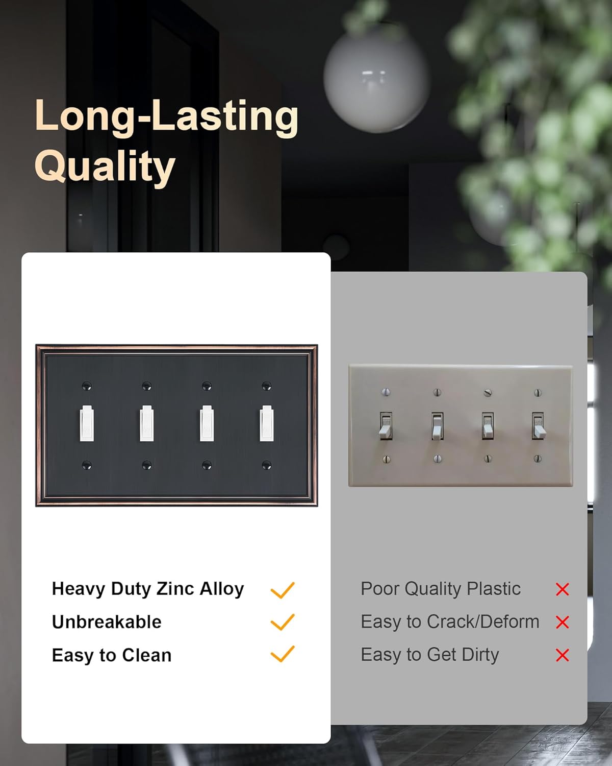 2-Pack Quad Toggle Light Switch Cover Plate, Durable Zinc Alloy Decorative Switch Plate Covers, Aged Bronze 4 Gang Wall Plate for Toggle Light Switch and Rotary Dimmer Switch