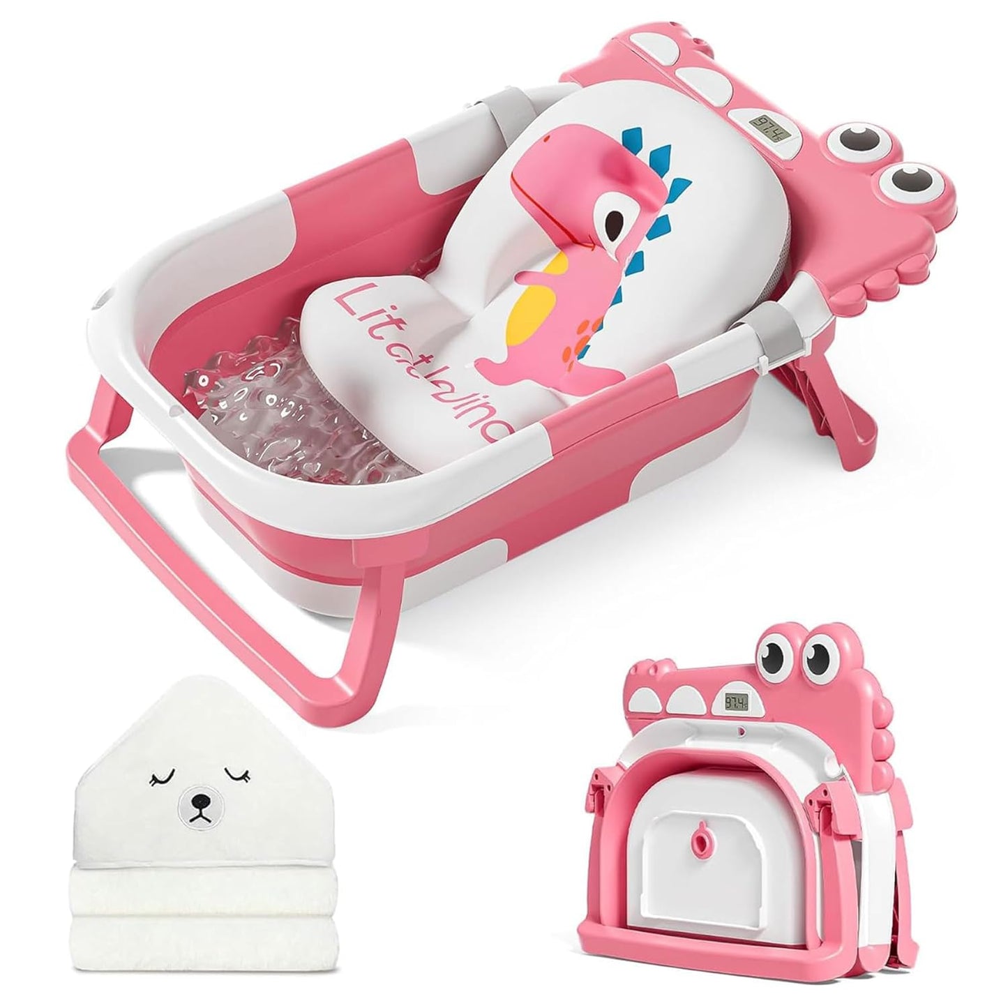 MoreFeel Collapsible Baby Bathtub for Newborn with Thermometer & 1 Hooded Towel & 1 Soft Floating