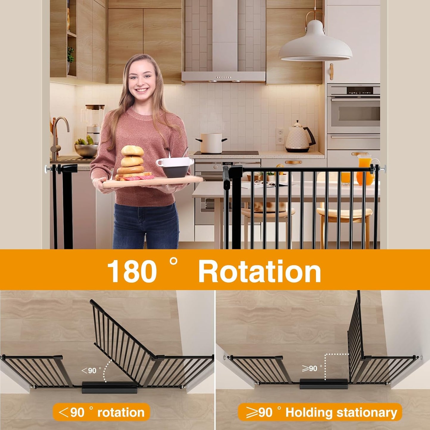 Extra Wide Baby Gate 30.11-77.36",Ultra Narrow 1.37" Spacing Dog Gate indoor,Double Lock Auto Close Pet Gate for House,Pressure Mounted Baby Gate Easy Walk Through Pet Gate for Hallway(Black)