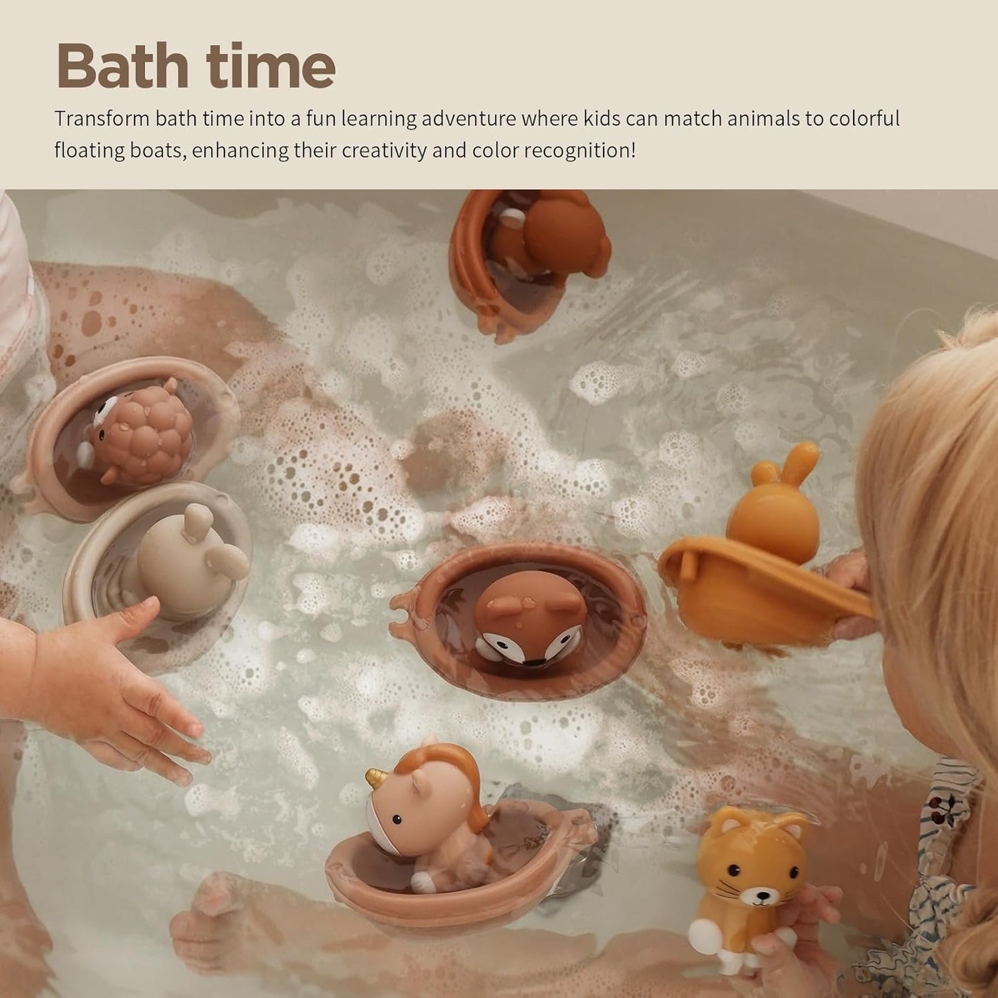 Nueplay Bathtub Toys for Toddlers 18M+，Baby Bath Toys with Animal Finger Puppets， Stackable Boat
