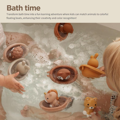Nueplay Bathtub Toys for Toddlers 18M+，Baby Bath Toys with Animal Finger Puppets， Stackable Boat