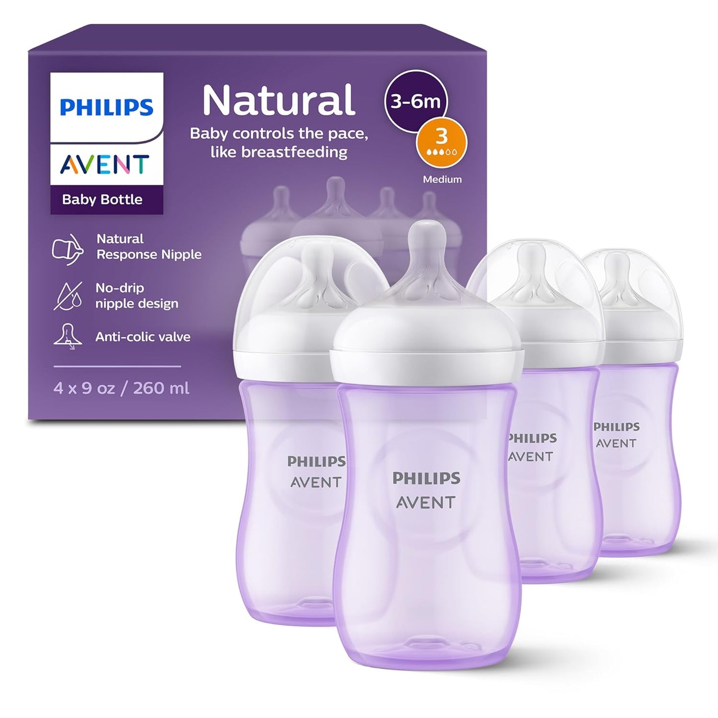 Philips Avent Natural Baby Bottles with Natural Response Nipples (Medium Flow, Flow 3), 9oz