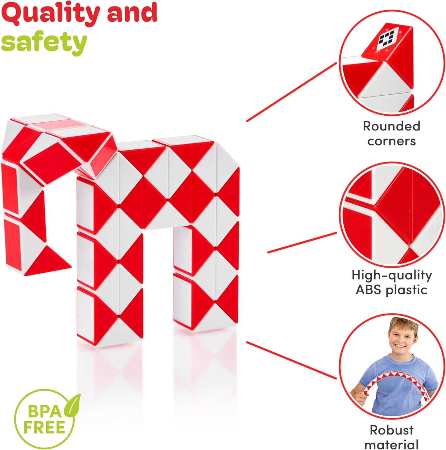 CUBIDI® Magic Snake Cube | Fidget Snake Toy for Kids | Travel Toys for Kids Ages 4-8 | Great Gift for Boys and Girls Birthday, Christmas, Stocking Stuffers - 48 Blocks | 0.9 inch x 0.7 inch | Red