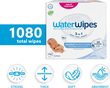 WaterWipes Sensitive+ Newborn & Baby Wipes, 3-In-1 Cleans, Cares, Protects, 99.9% Water, Unscented