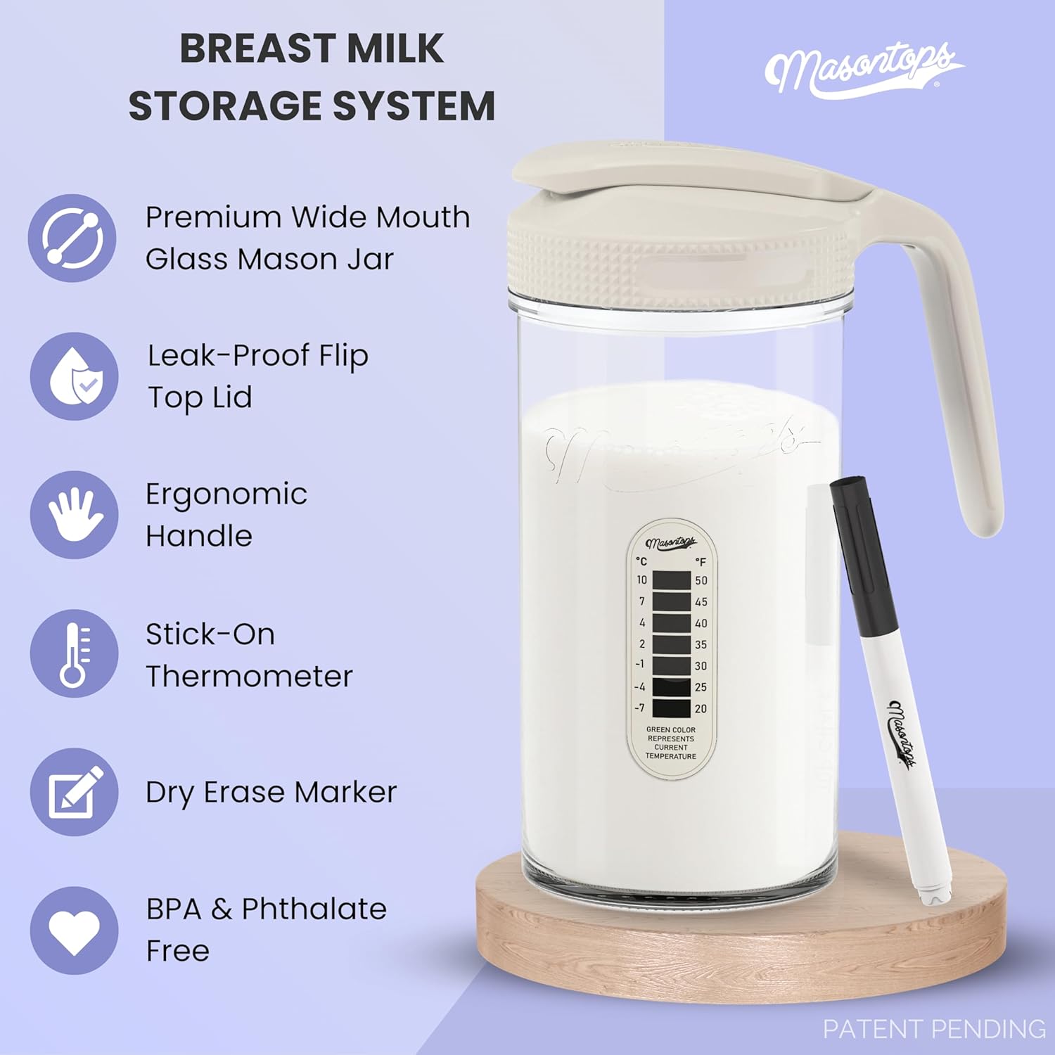 Masontops Breast Milk Storage Kit - 24oz Airtight Mason Jar with Handle, Marker & Stick-on