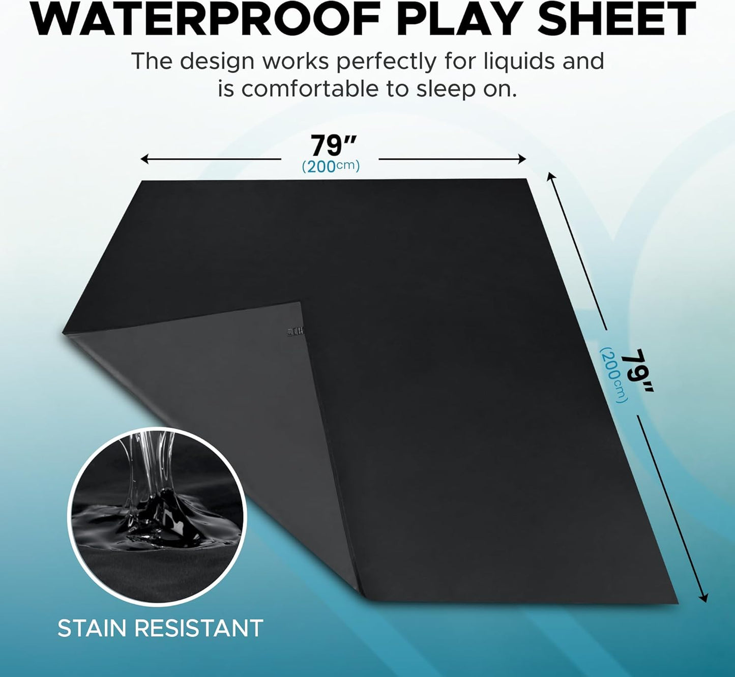 Black Waterproof Flat Play Sheet (79”x79”), Mattress Topper, Protector Cover, Safe with Oil, Water-Based, & Silicone-Based Massage Products, Hypoallergenic, Noiseless, Machine Washable