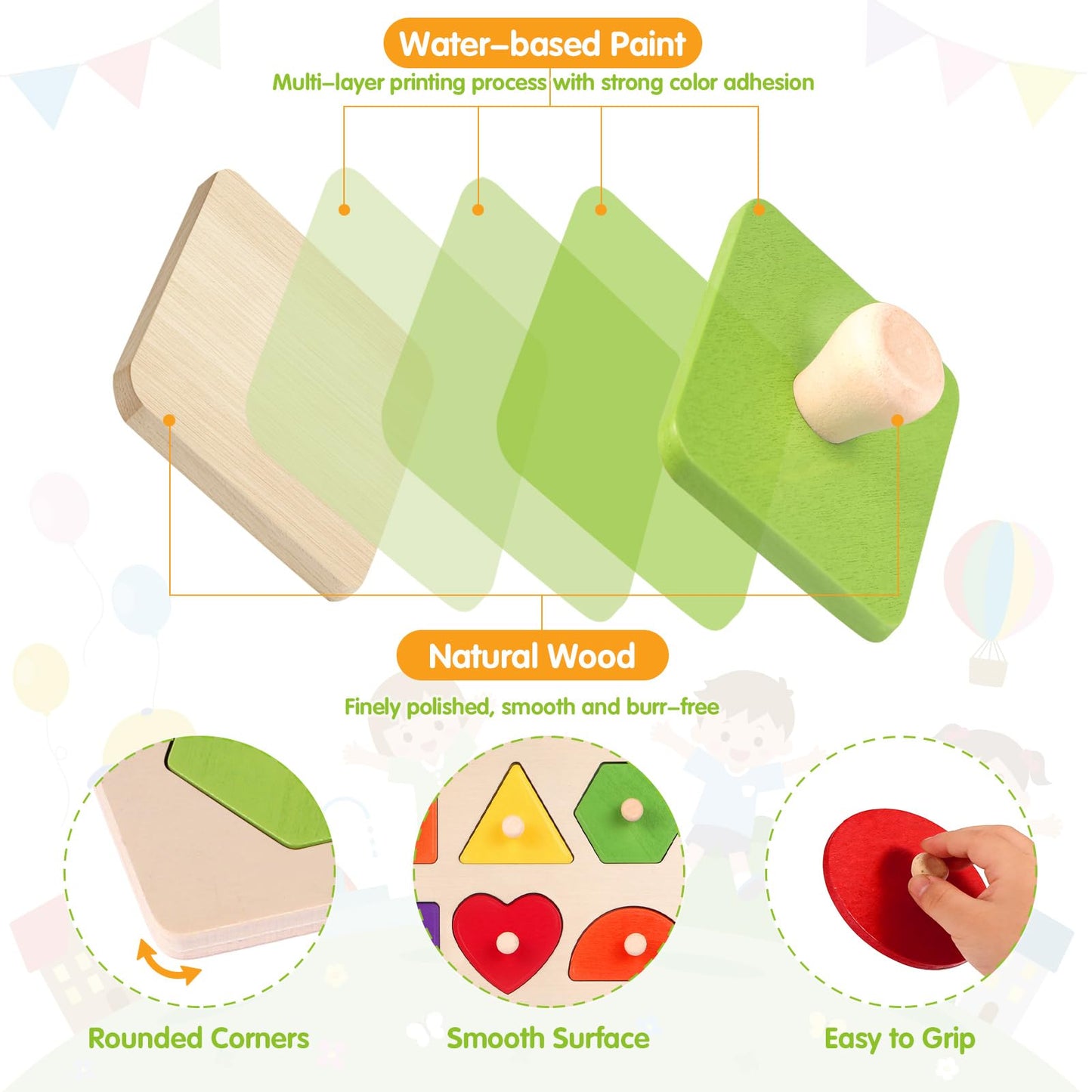 JOLSNAF Montessori Wooden Peg Shape Puzzles for Toddlers
