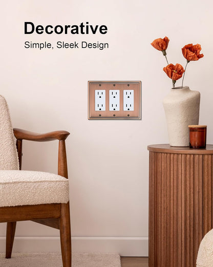 2-Pack Decorative Tripple Decorator Outlet Cover Plate, Durable Zinc Alloy Antique Copper Wall Plates for Electrical Outlet, Receptacle, GFCI Outlet, Dimmer Switch, 3-Gang Corrosion Resistant