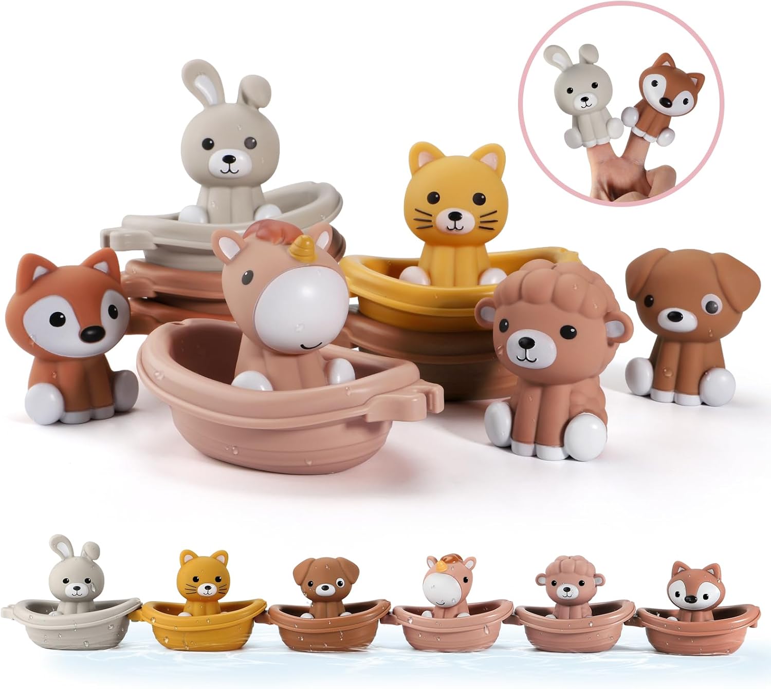 Nueplay Bathtub Toys for Toddlers 18M+，Baby Bath Toys with Animal Finger Puppets， Stackable Boat