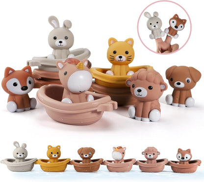 Nueplay Bathtub Toys for Toddlers 18M+，Baby Bath Toys with Animal Finger Puppets， Stackable Boat