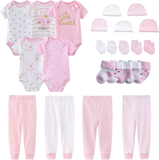 Newborn Layette Gift Set Bodysuits Pants for Baby Girl and Boy 24 Piece 100% Cotton Essentials and Accessories