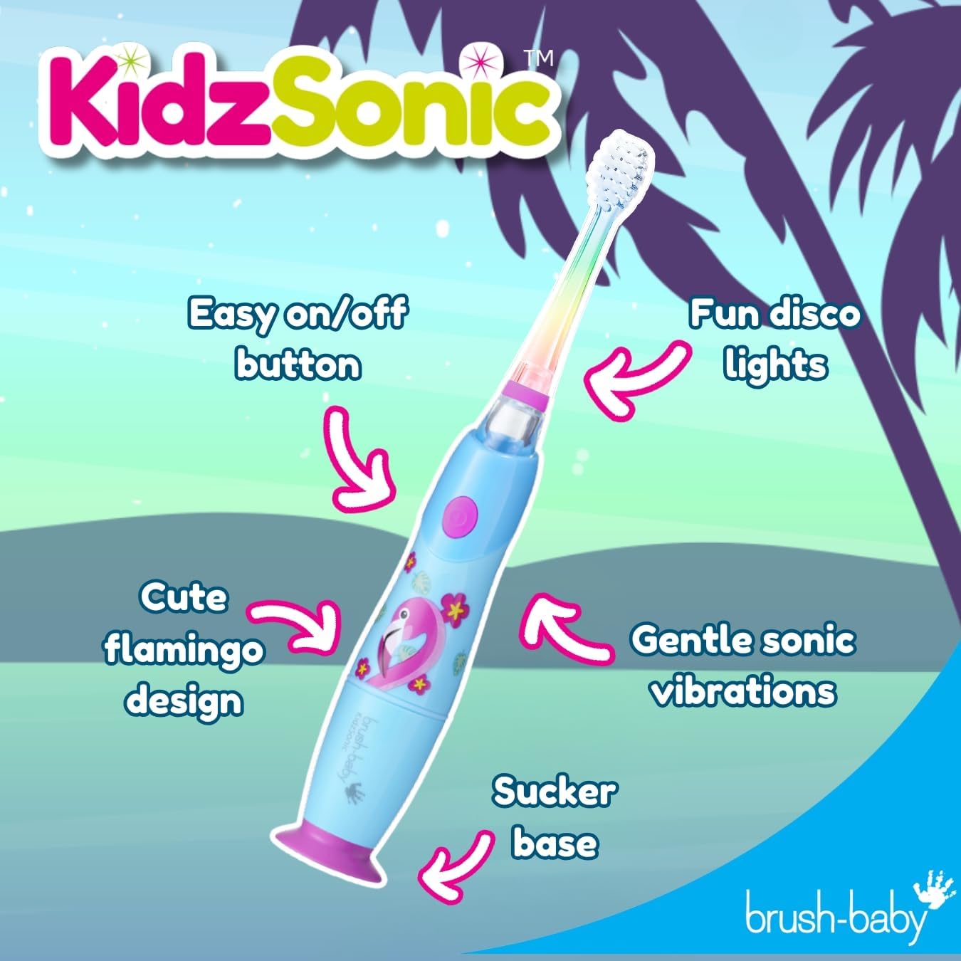 Brush‑Baby - KidzSonic Flamingo Kids Electric Toothbrush for Ages 3+ with Disco LED Lights, Gentle